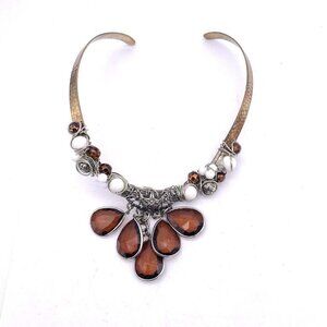 Wrap Wire Faceted Dangle Drop Beaded Choker Necklace Hammered